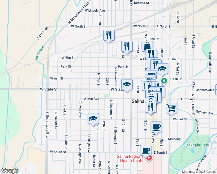 map of restaurants, bars, coffee shops, grocery stores, and more near 613 West Ash Street in Salina