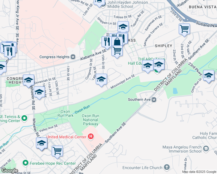 map of restaurants, bars, coffee shops, grocery stores, and more near 1502 Mississippi Avenue Southeast in Washington