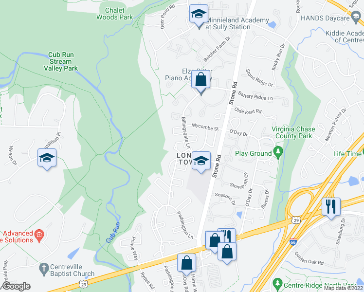 map of restaurants, bars, coffee shops, grocery stores, and more near 6064 Billingsgate Lane in Centreville