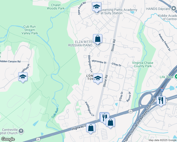 map of restaurants, bars, coffee shops, grocery stores, and more near 6064 Billingsgate Lane in Centreville