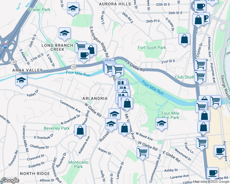 map of restaurants, bars, coffee shops, grocery stores, and more near 3904 Executive Avenue in Alexandria
