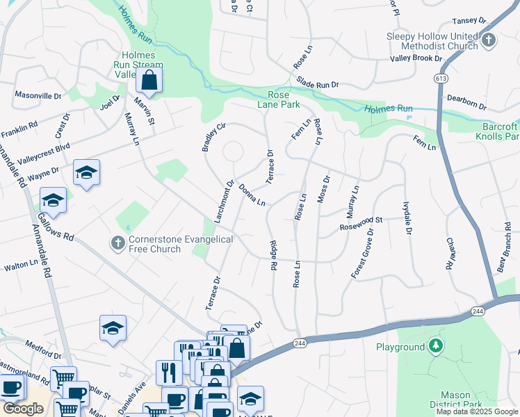 map of restaurants, bars, coffee shops, grocery stores, and more near 3716 Donna Lane in Annandale