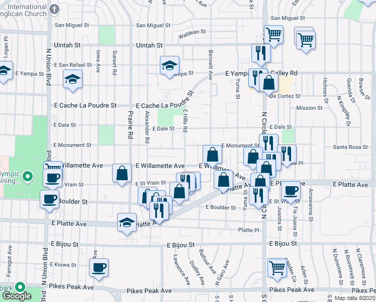 map of restaurants, bars, coffee shops, grocery stores, and more near 623 East Hills Road in Colorado Springs