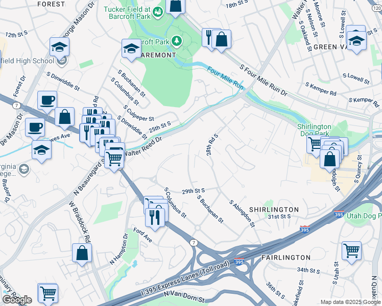 map of restaurants, bars, coffee shops, grocery stores, and more near 2737 South Buchanan Street in Arlington