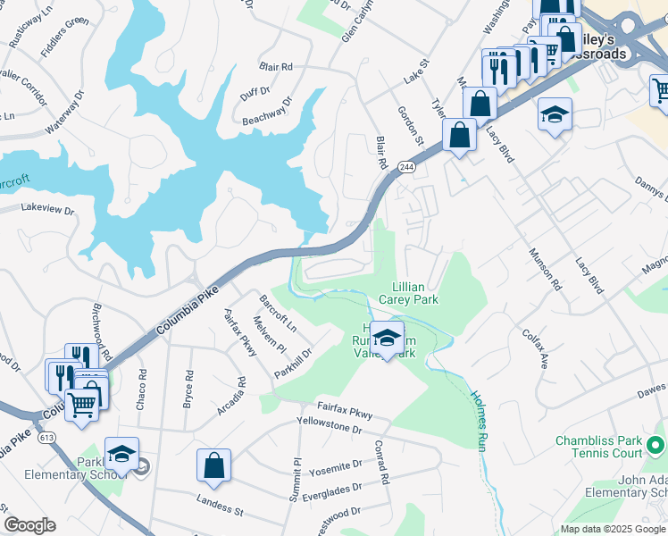 map of restaurants, bars, coffee shops, grocery stores, and more near 3800 Powell Lane in Falls Church