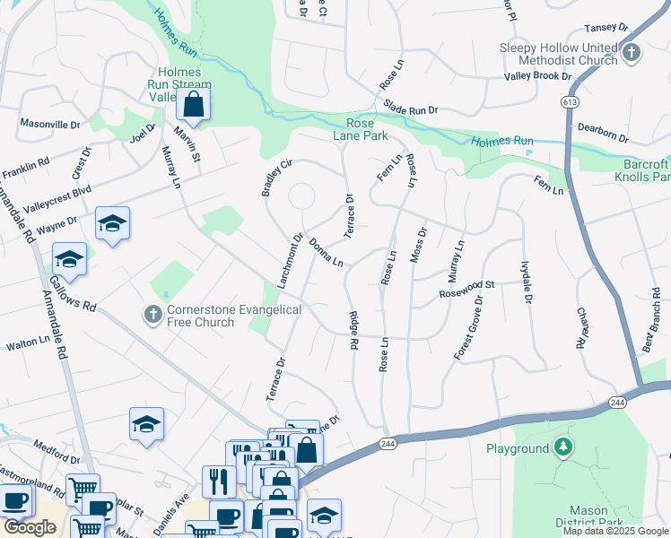 map of restaurants, bars, coffee shops, grocery stores, and more near 3716 Donna Lane in Annandale