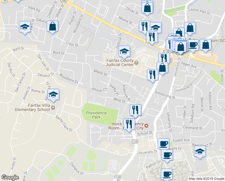 map of restaurants, bars, coffee shops, grocery stores, and more near 10637 Ashby Place in Fairfax