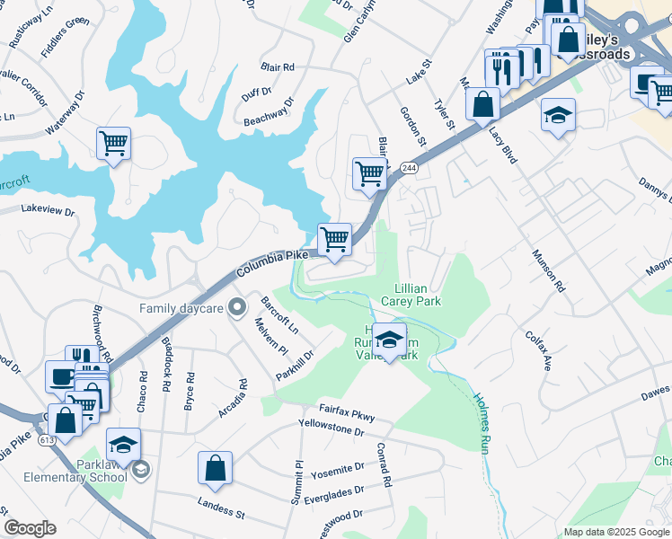 map of restaurants, bars, coffee shops, grocery stores, and more near 3800 Powell Lane in Falls Church