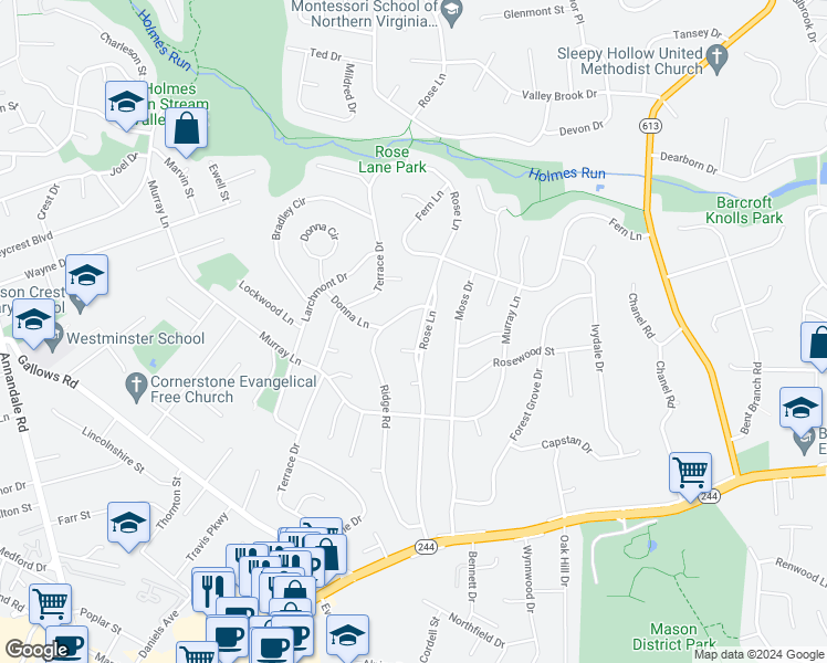 map of restaurants, bars, coffee shops, grocery stores, and more near 3718 Rose Lane in Annandale