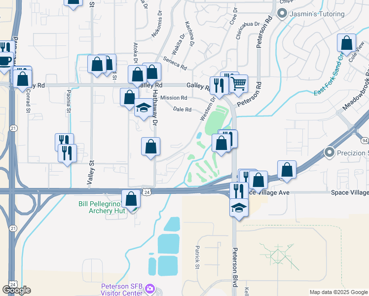map of restaurants, bars, coffee shops, grocery stores, and more near 801 Western Drive in Colorado Springs