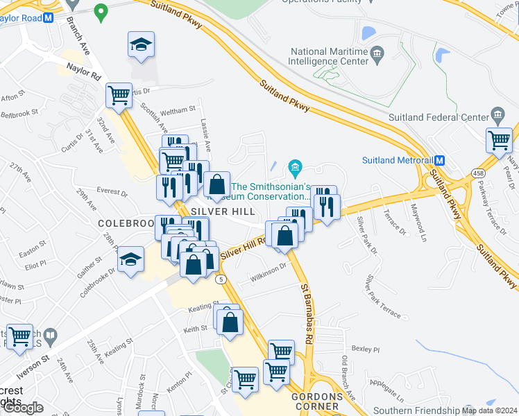 map of restaurants, bars, coffee shops, grocery stores, and more near 3904 Old Silver Hill Road in Suitland-Silver Hill