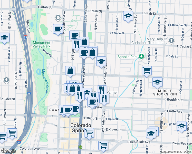 map of restaurants, bars, coffee shops, grocery stores, and more near 529 North Weber Street in Colorado Springs