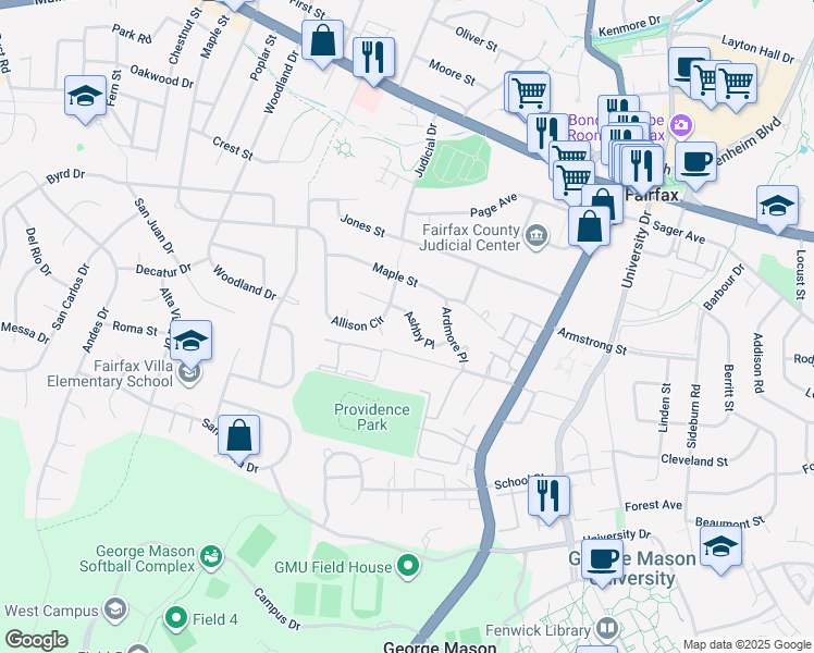 map of restaurants, bars, coffee shops, grocery stores, and more near 10637 Ashby Place in Fairfax