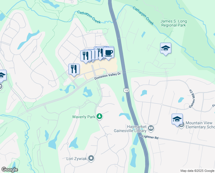 map of restaurants, bars, coffee shops, grocery stores, and more near 15042 Medinah Court in Haymarket