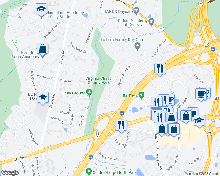 map of restaurants, bars, coffee shops, grocery stores, and more near 14564 Truro Parish Court in Centreville