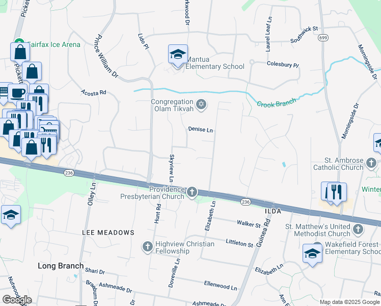 map of restaurants, bars, coffee shops, grocery stores, and more near 9031 Pixie Court in Fairfax