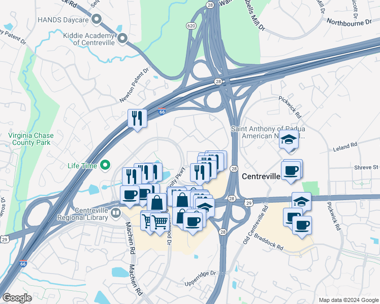 map of restaurants, bars, coffee shops, grocery stores, and more near 5809 Post Corners Trail in Centreville