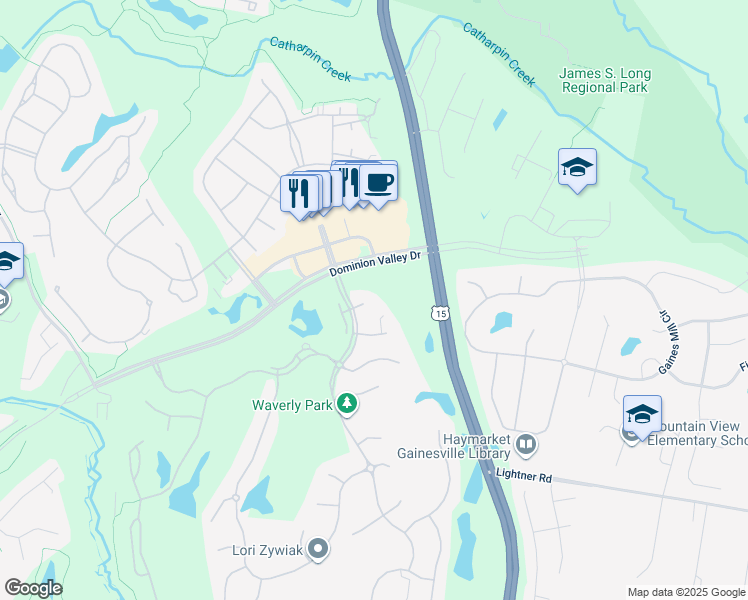 map of restaurants, bars, coffee shops, grocery stores, and more near 15042 Medinah Court in Haymarket