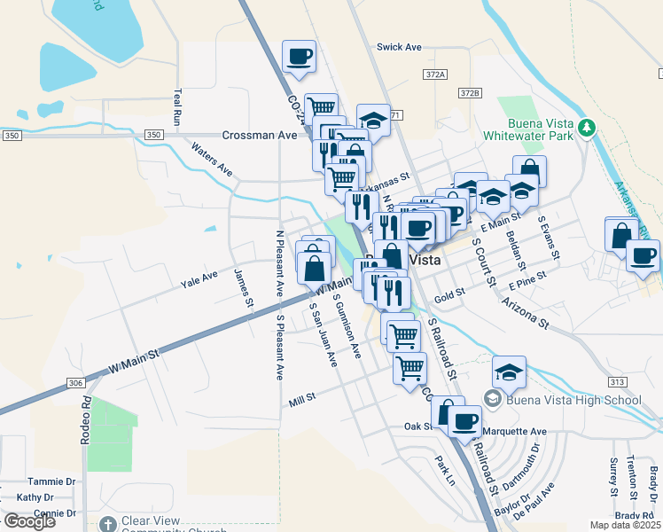map of restaurants, bars, coffee shops, grocery stores, and more near 220 US Highway 24 North in Buena Vista
