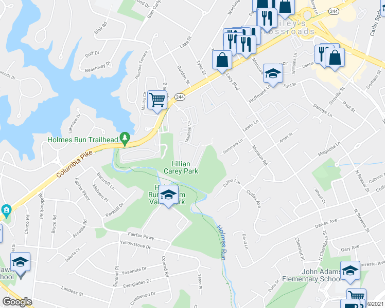 map of restaurants, bars, coffee shops, grocery stores, and more near 3822A Steppes Court in Falls Church