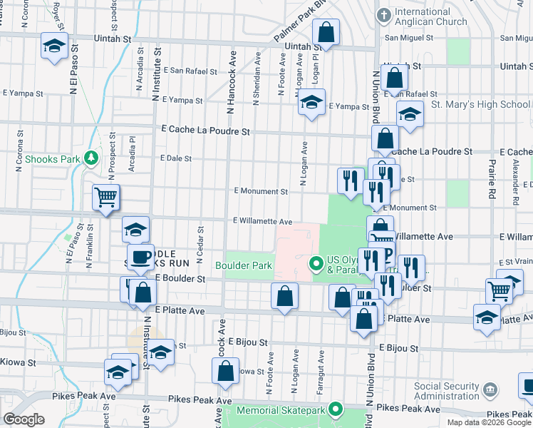 map of restaurants, bars, coffee shops, grocery stores, and more near 620 North Foote Avenue in Colorado Springs