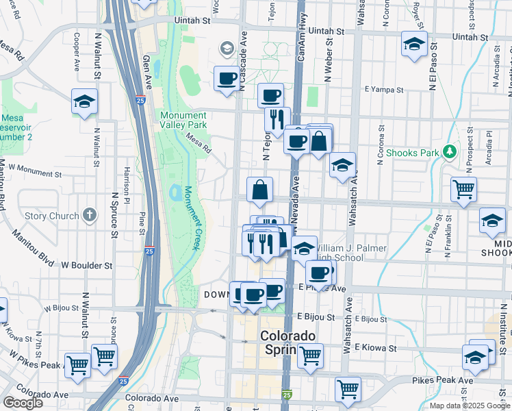 map of restaurants, bars, coffee shops, grocery stores, and more near 604 North Tejon Street in Colorado Springs