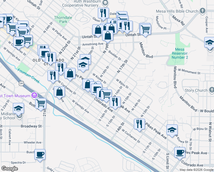 map of restaurants, bars, coffee shops, grocery stores, and more near 1716 West Kiowa Street in Colorado Springs