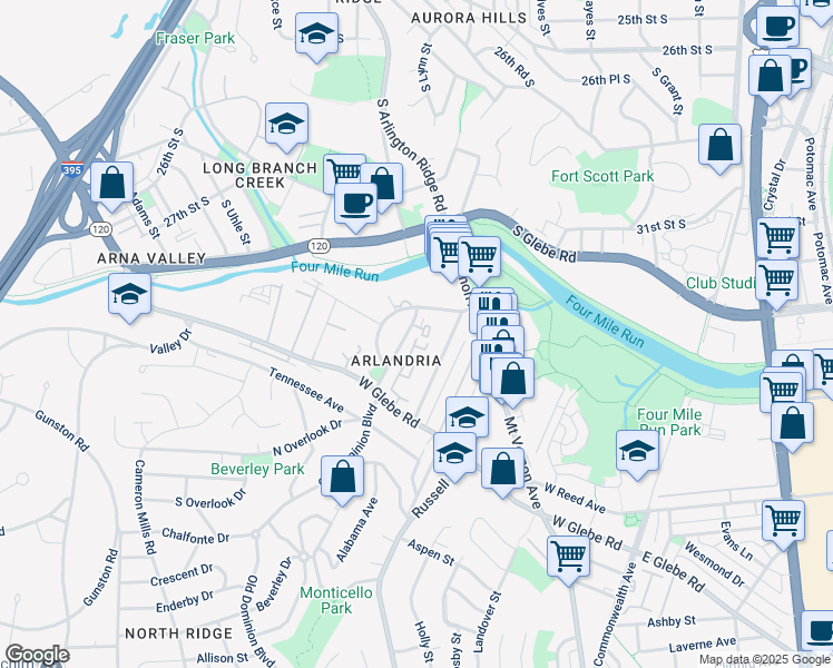 map of restaurants, bars, coffee shops, grocery stores, and more near 3911 Old Dominion Boulevard in Alexandria