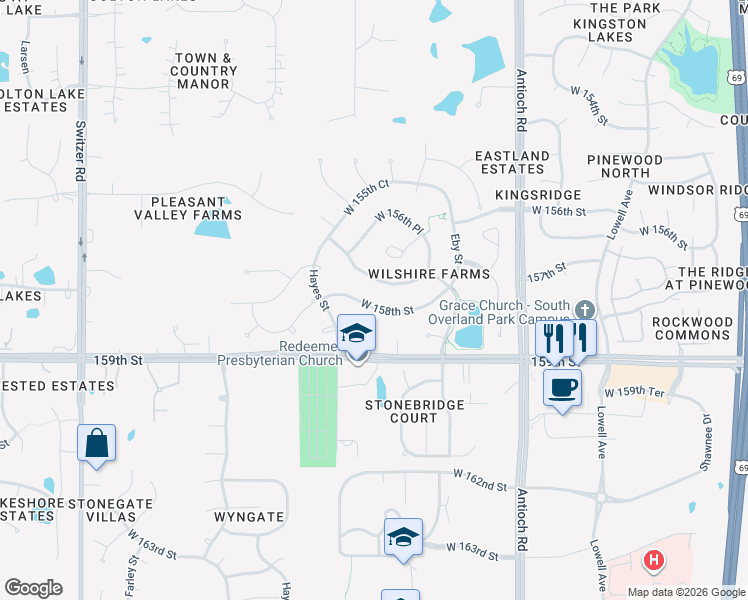 map of restaurants, bars, coffee shops, grocery stores, and more near 9300 West 158th Street in Overland Park
