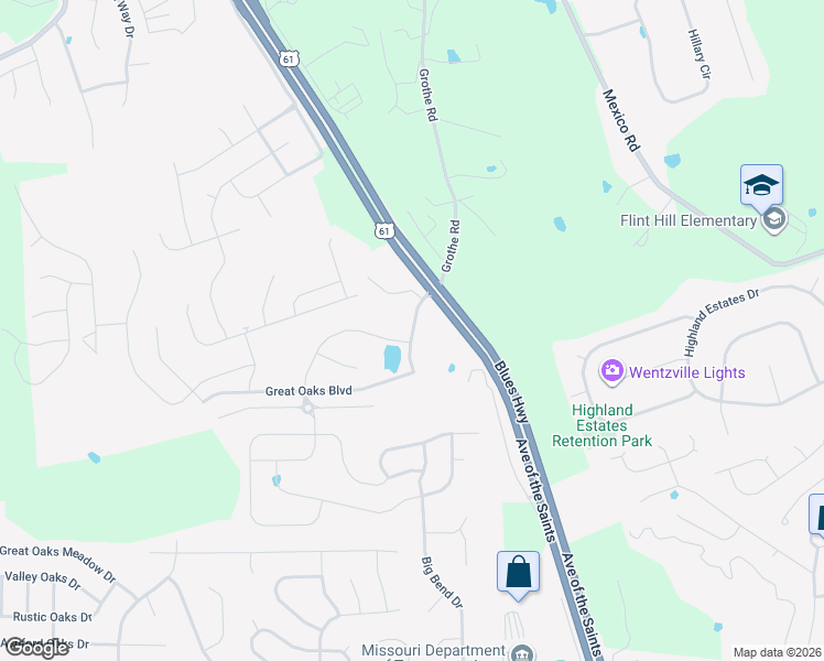 map of restaurants, bars, coffee shops, grocery stores, and more near 1713-1753 Timber Trace Drive in Wentzville