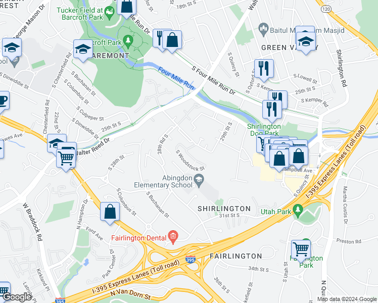 map of restaurants, bars, coffee shops, grocery stores, and more near 2917D South Woodley Street in Arlington