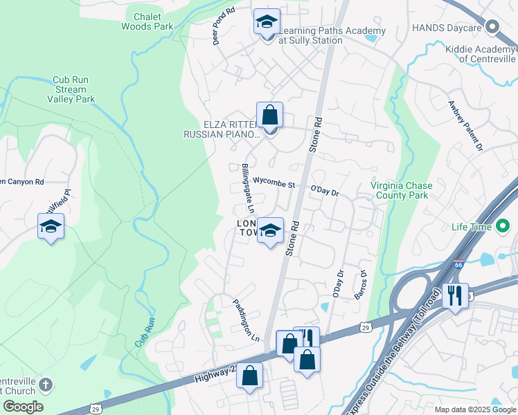 map of restaurants, bars, coffee shops, grocery stores, and more near 14749 Gatwick Square in Centreville