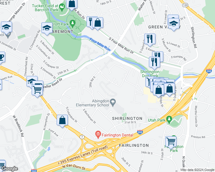 map of restaurants, bars, coffee shops, grocery stores, and more near 2901 South Woodley Street in Arlington