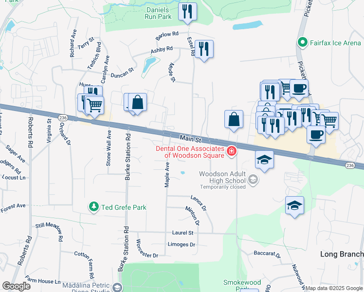 map of restaurants, bars, coffee shops, grocery stores, and more near 9776 Maple Trace Circle in Fairfax
