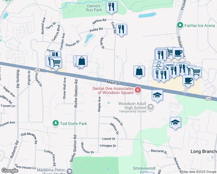 map of restaurants, bars, coffee shops, grocery stores, and more near 9776 Maple Trace Circle in Fairfax