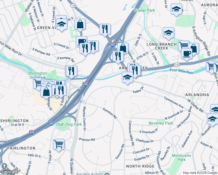 map of restaurants, bars, coffee shops, grocery stores, and more near 1236 Martha Custis Drive in Alexandria
