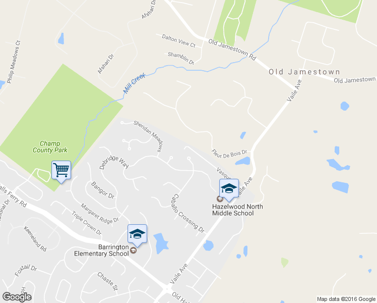 map of restaurants, bars, coffee shops, grocery stores, and more near 4100 Caballo Crossing Drive in Florissant