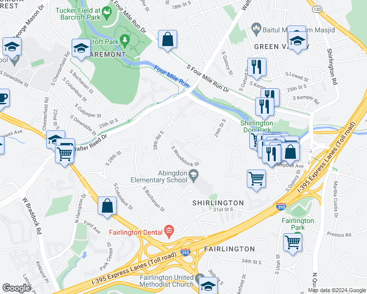 map of restaurants, bars, coffee shops, grocery stores, and more near 2917D South Woodley Street in Arlington