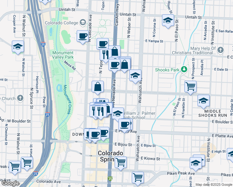 map of restaurants, bars, coffee shops, grocery stores, and more near 529 North Nevada Avenue in Colorado Springs