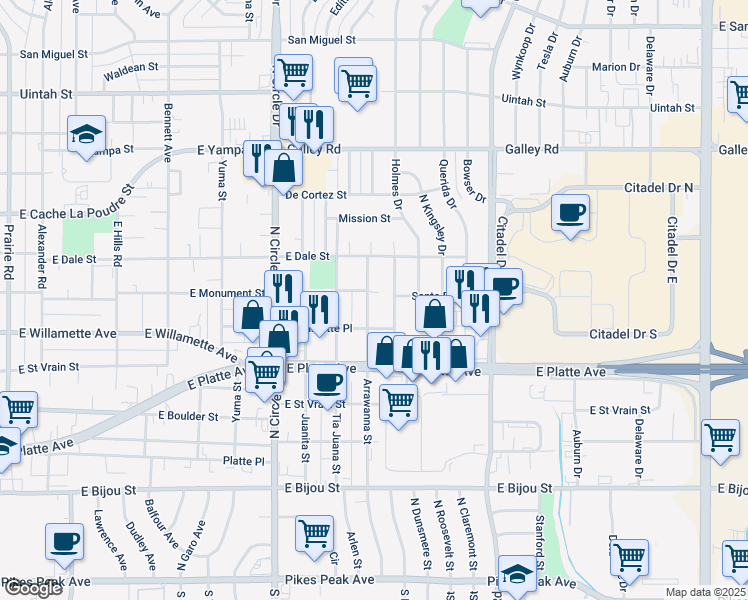 map of restaurants, bars, coffee shops, grocery stores, and more near 704 Arrawanna Street in Colorado Springs