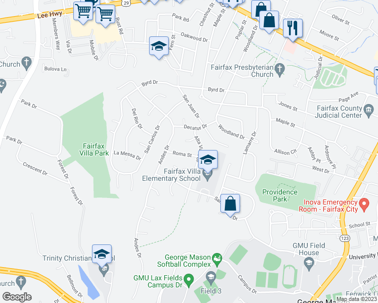 map of restaurants, bars, coffee shops, grocery stores, and more near 10926 Roma Street in Fairfax