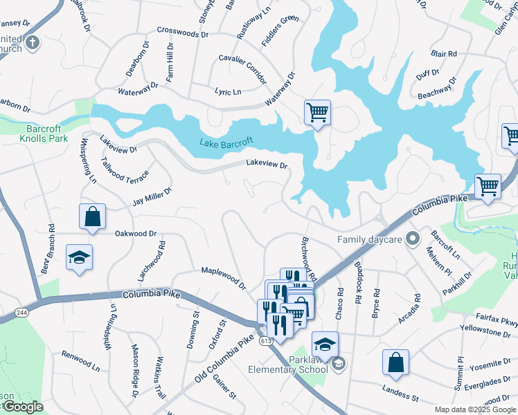 map of restaurants, bars, coffee shops, grocery stores, and more near 6370 Burton Circle in Falls Church