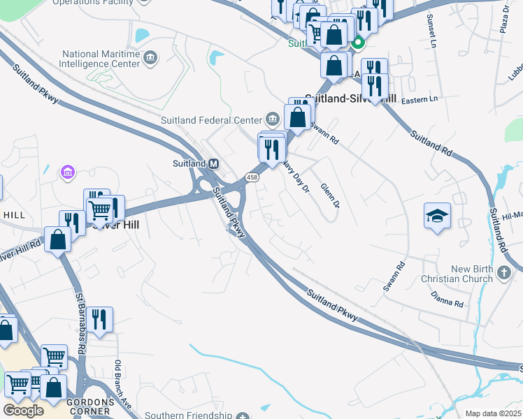 map of restaurants, bars, coffee shops, grocery stores, and more near 3415 Parkway Terrace Drive in Suitland-Silver Hill
