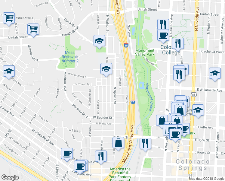 map of restaurants, bars, coffee shops, grocery stores, and more near 623 North Walnut Street in Colorado Springs