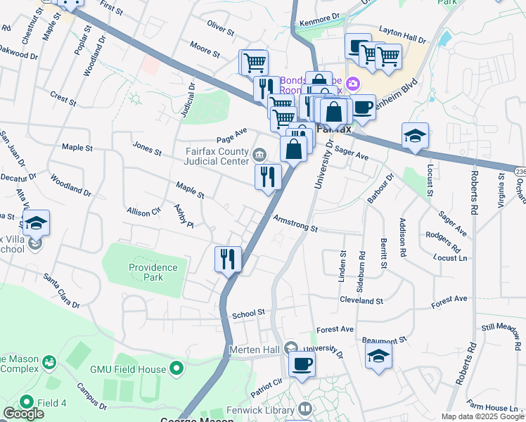 map of restaurants, bars, coffee shops, grocery stores, and more near 10502 James Wren Way in Fairfax