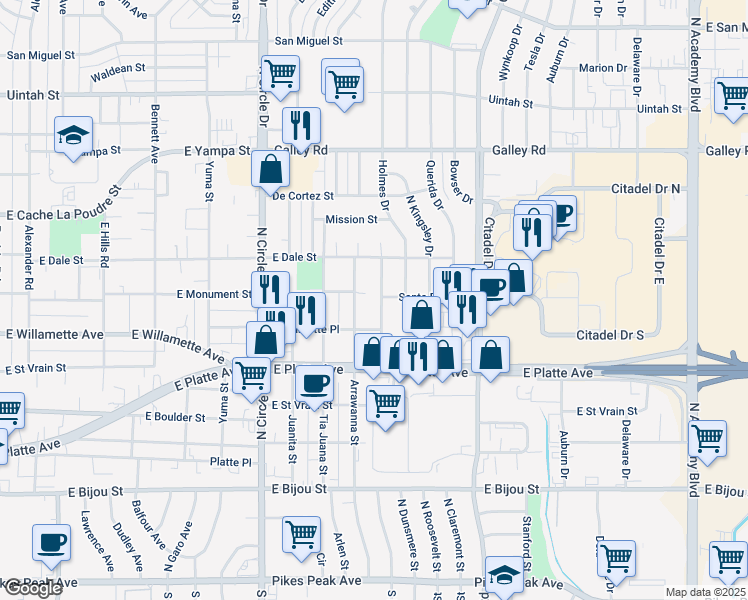 map of restaurants, bars, coffee shops, grocery stores, and more near 3304 Santa Rosa Street in Colorado Springs