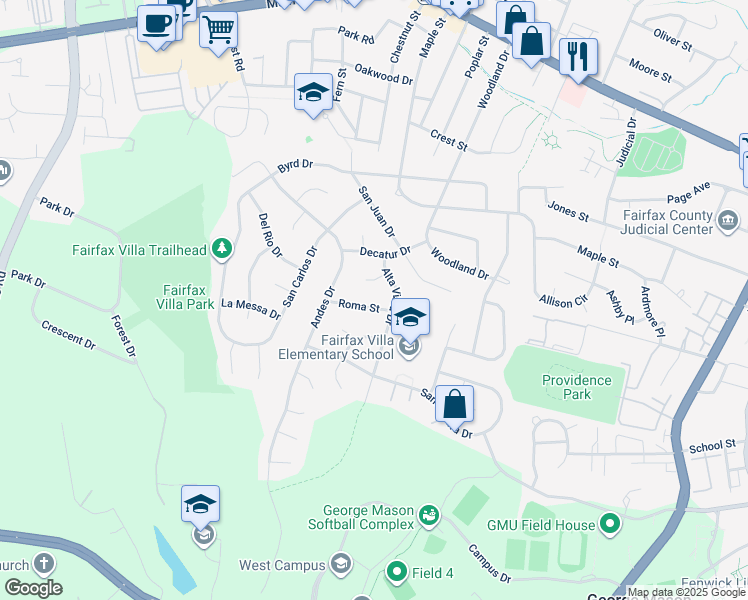 map of restaurants, bars, coffee shops, grocery stores, and more near 10926 Roma Street in Fairfax