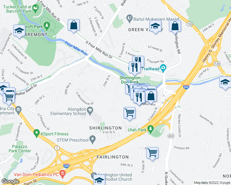 map of restaurants, bars, coffee shops, grocery stores, and more near 2770 South Taylor Street in Arlington