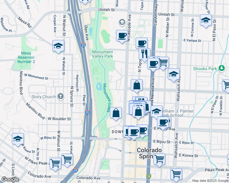 map of restaurants, bars, coffee shops, grocery stores, and more near 33 West Willamette Avenue in Colorado Springs