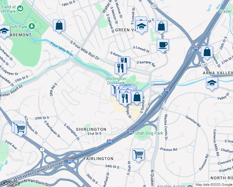 map of restaurants, bars, coffee shops, grocery stores, and more near 2720 South Arlington Mill Drive in Arlington